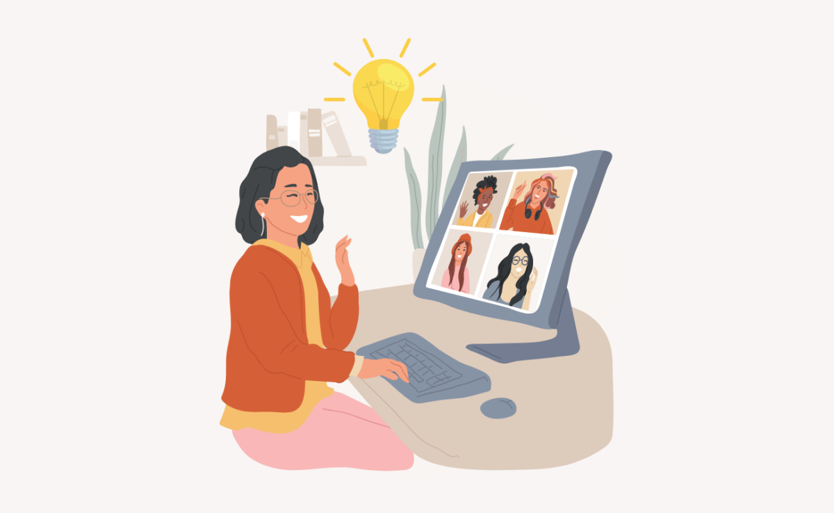 Illustration d'une femme devant un ordinateur en conversation avec d'autres personnes