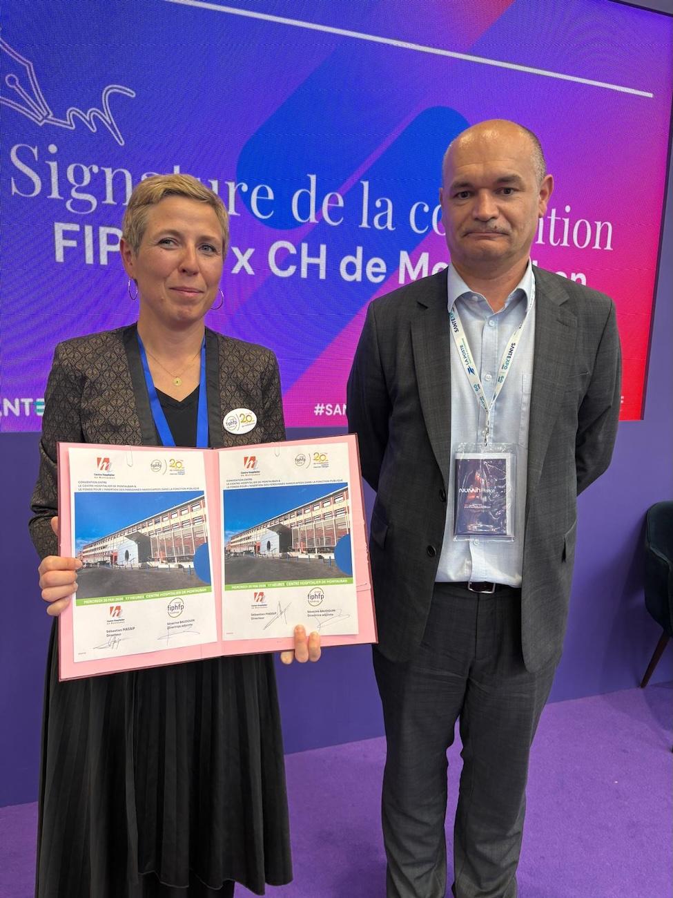 Séverine Baudouin, directrice adjointe du FIPHFP, et de Sébastien Massip, directeur du Centre hospitalier de Montauban
