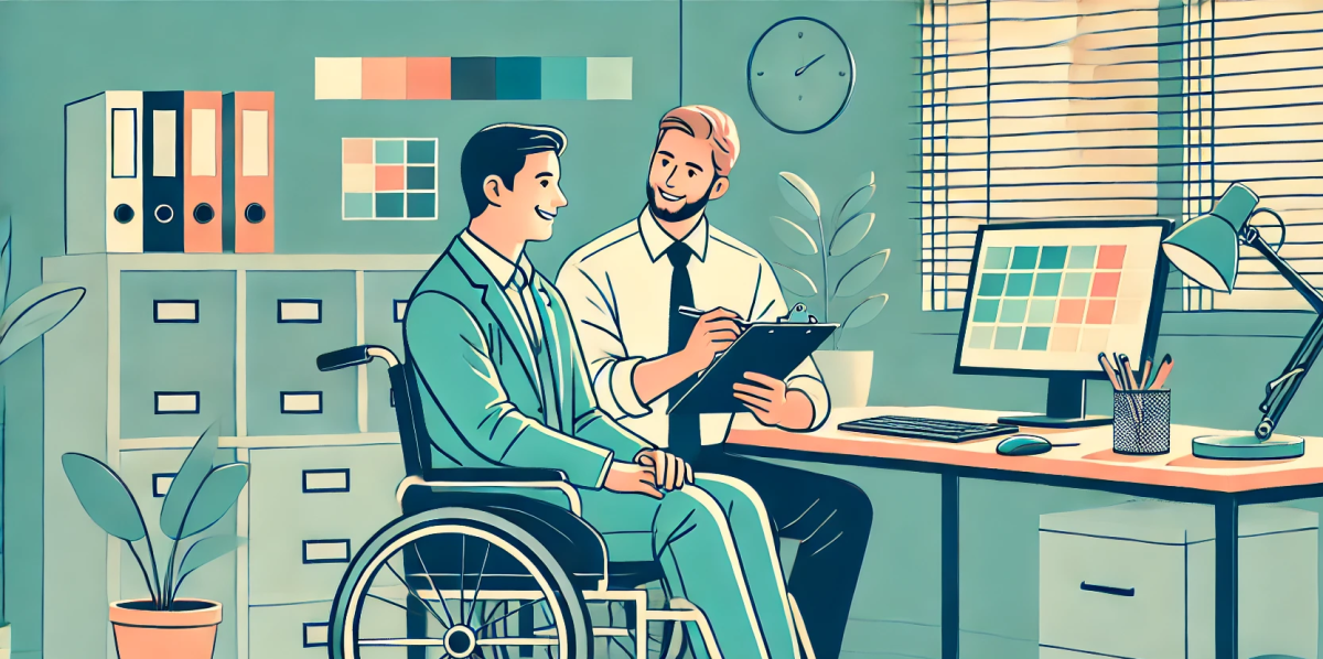 Illustration de deux personnages : l'un en fauteuil roulant l'autre en train d'écouter ce que ce dernier lui raconte
