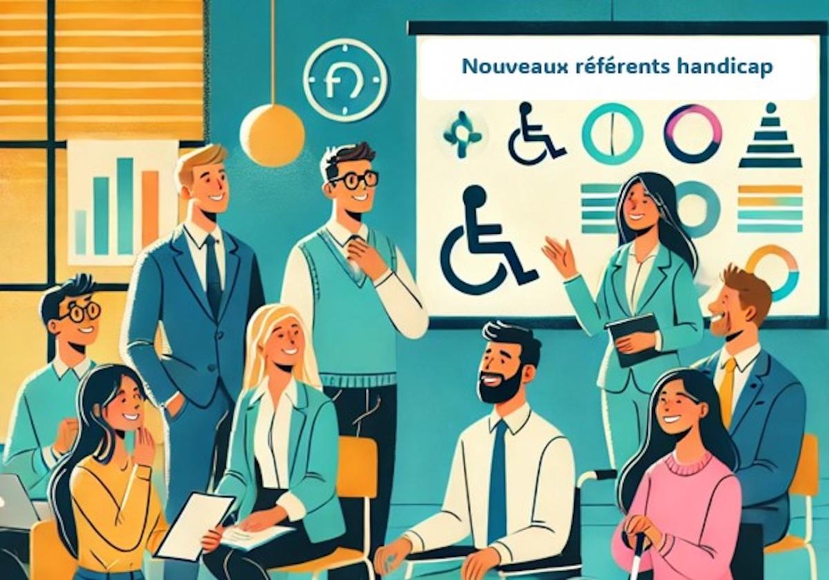 Illustration représentant un groupe de personnes réunies sous un écran Nouveaux référents handicap