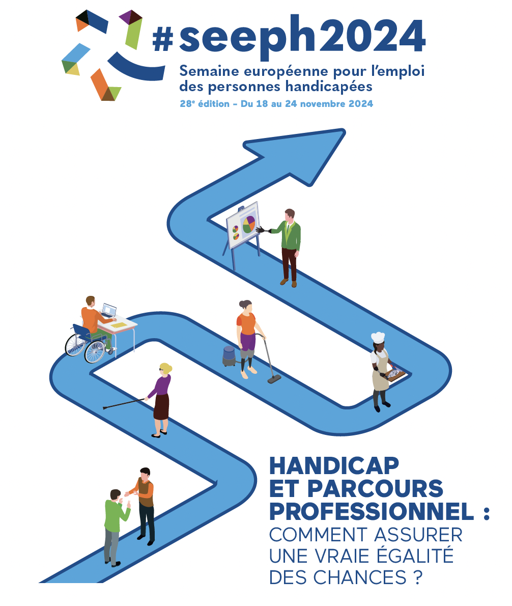 Visuel de la SEEPH 2024 représentant un parcours avec des personnes en situation de handicap dessus et le texte : "Handicap et parcours professionnel : comment assurer une vraie égalité des chances?"