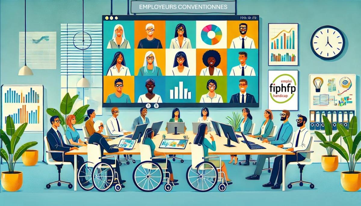 Illustration d'un groupe de personnes, dont certaines en fauteuil au premier plan réunies sous un écran de visio avec la mention employeurs conventionnés