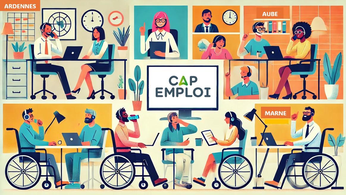 Illustration représentant des personnes valides et en situation de handicap réunies en petits groupes de travail autour d'un logo Cap emploi