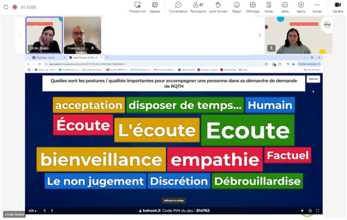 Capture d'écran du webinaire où s'affiche un nuage de mots avec les mots Ecoute, bienveillance, empathie en gros caractères