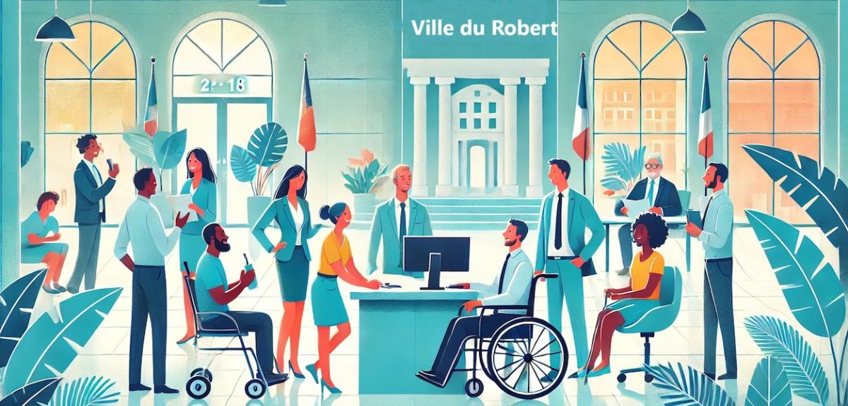 Visuel représentant des personnes valides ou en situation de handicap en train d'échanger sous la mention "Ville du Robert"