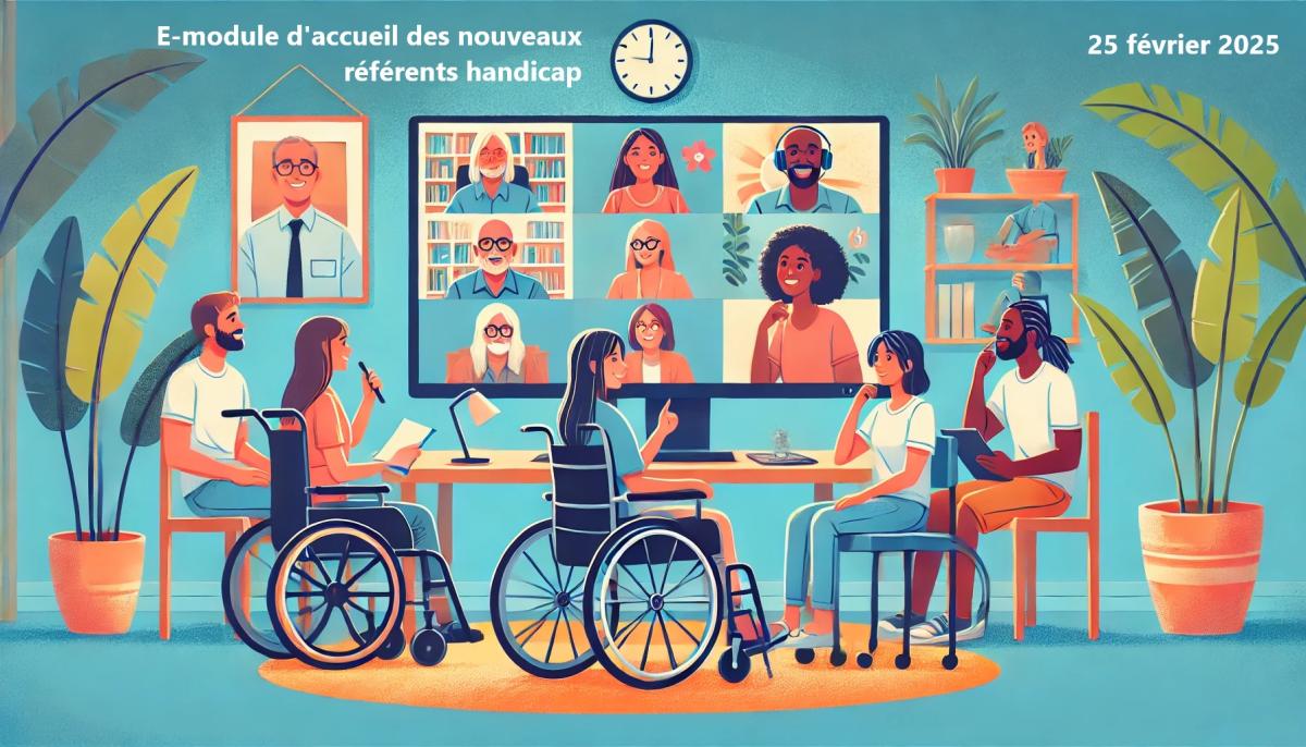 Personnages en train d'échanger autour d'une table avec la mention emodule d'acceuil des nouveaux référents handicap