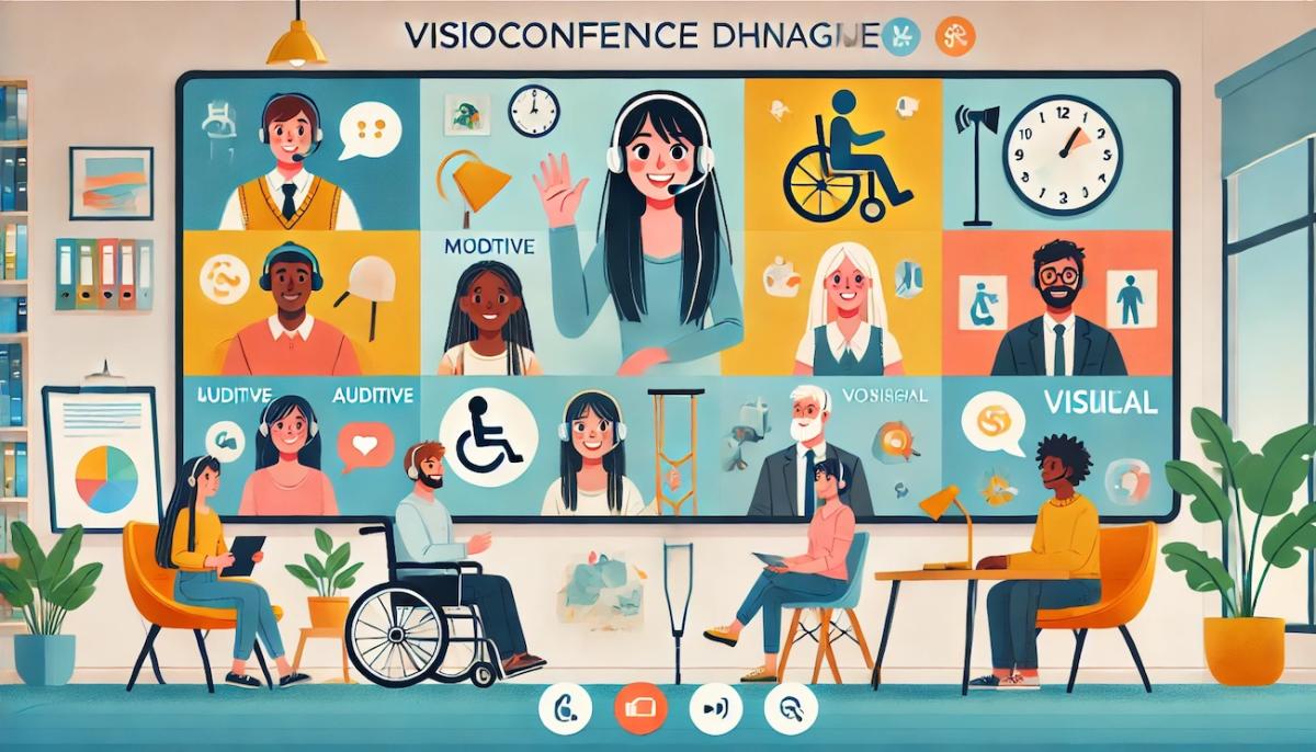 Une scène de visioconférence dynamique où plusieurs référents handicap échangent. L’écran affiche des vignettes avec des participants divers, illustrations