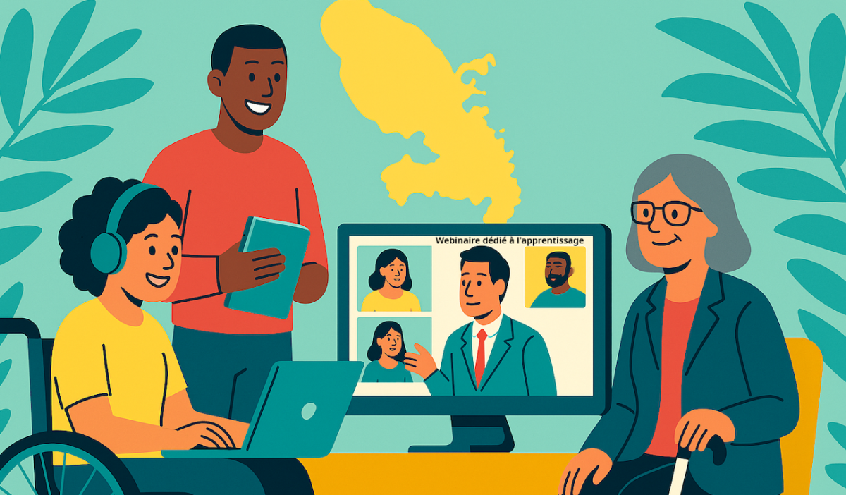 Illustration représentation trois personnes devant un écran où se déroule un webinaire, parmi ses trois personnes l'un est en fauteuil roulant, l'autre est debout et tient un carnet et la 3ème est assises avec une canne blanche à la matin