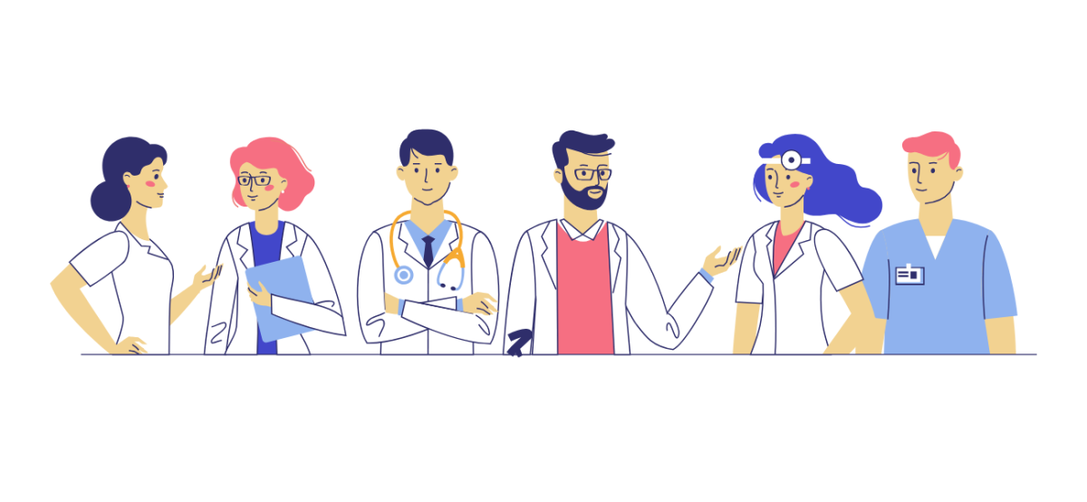Illustration représentant 6 personnages (hommes et femmes) exerçant des métiers dans un hôpital