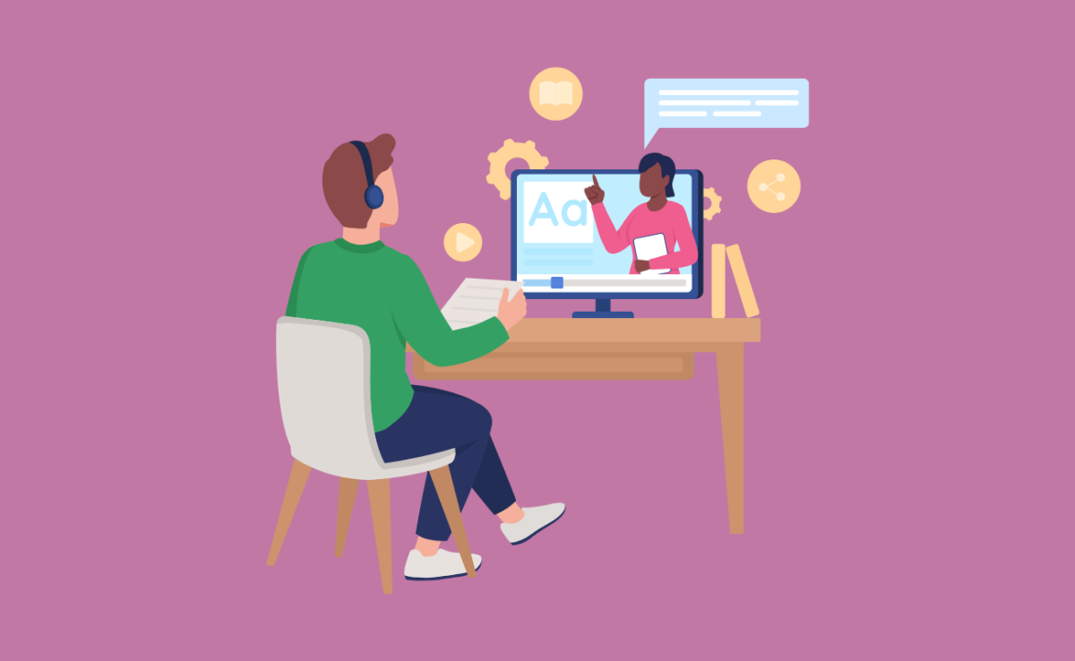 Illustration d'une personne en train de regarder un écran et de participer à une classe virtuelle
