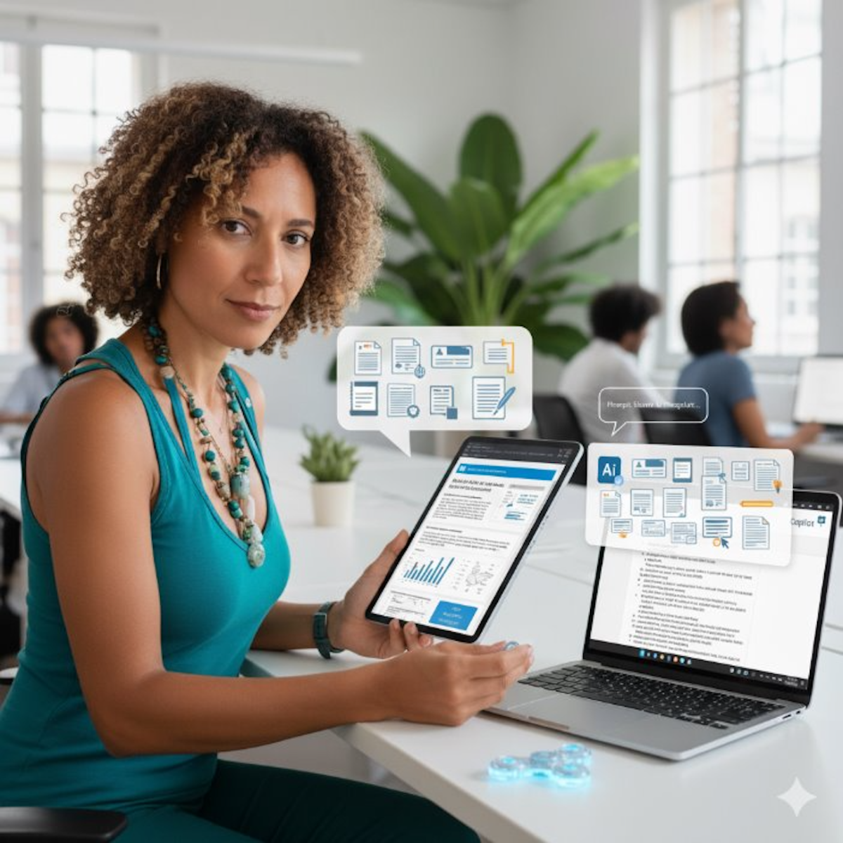 Photo représentation une femme avec une tablette à la main devant son ordinateurs