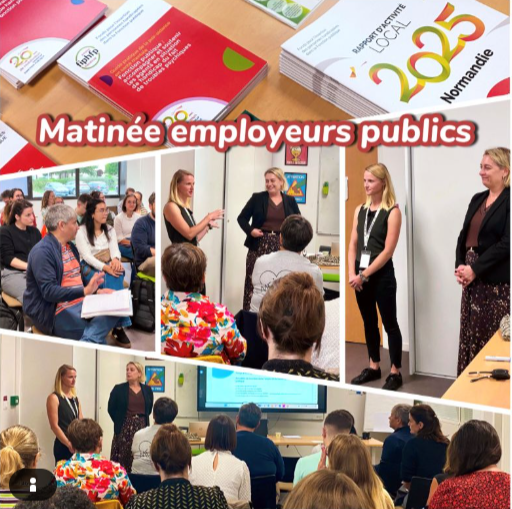 Photo des temps forts de la matinée avec la mention écrite "La matinée des employeurs publics"