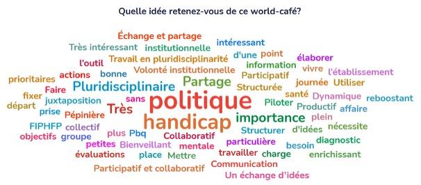 Nuage de mots réalisés à l'issue du world café. On voit principalement les mots politique, handicap, pluridisciplinaire, partage