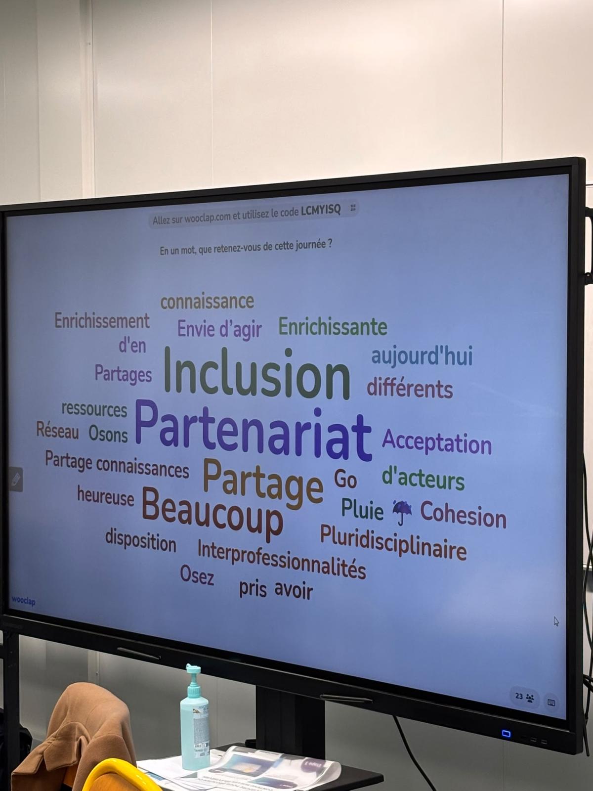 écran d'ordinateur affichant des mots : Inclusion, partenariat...